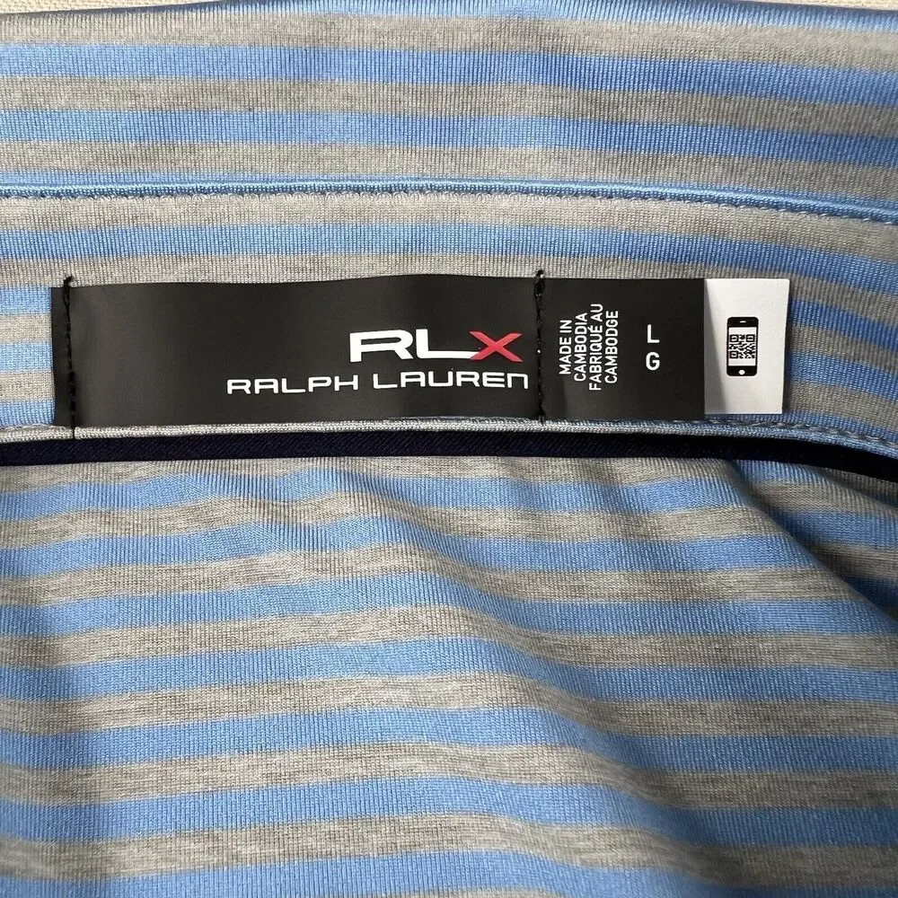 RLX Ralph Lauren Polo‎ Shirt Men’s Large Blue Gray Striped Embroidered Logo Golf